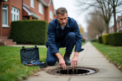 Plombier d'âge moyen examine un regard de canalisation extérieure