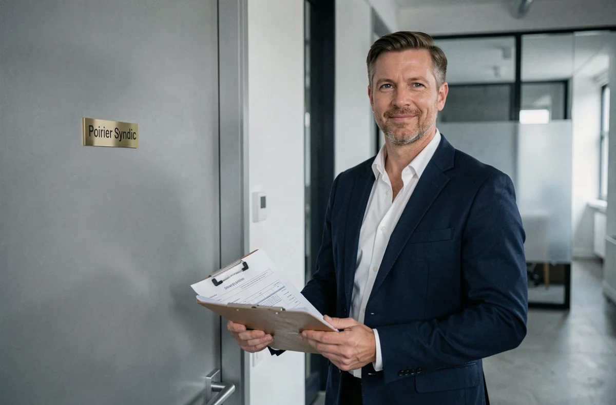 Gestionnaire professionnel de Poirier Syndic devant l'entrée de leur bureau à Rennes, tenant des documents de copropriété