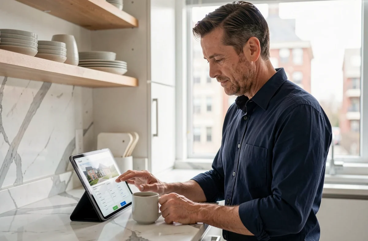 Homme utilisant une tablette pour accéder à son espace personnel Nexity depuis sa cuisine