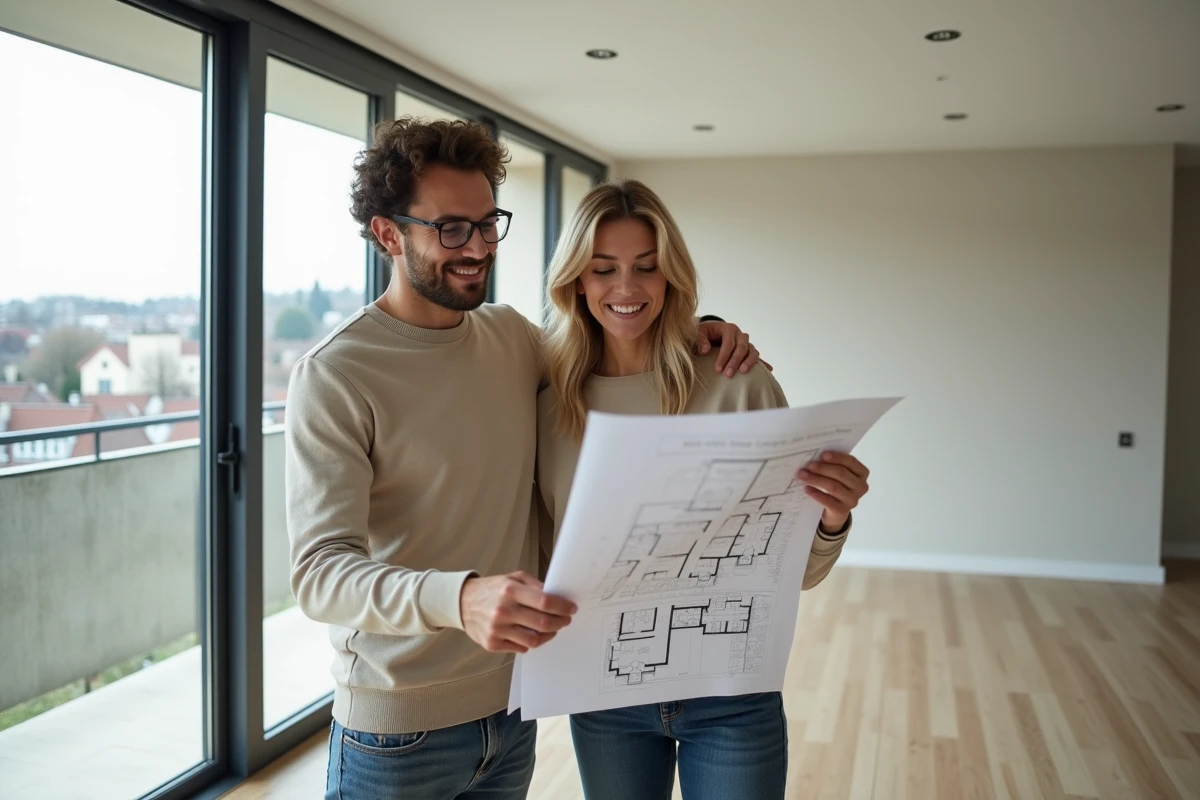 Couple de premiers acheteurs examinant les plans de leur appartement neuf dans un programme immobilier en Île-de-France
