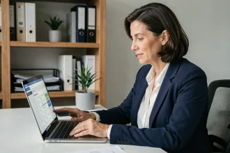 Femme copropriétaire préparant ses questions pour l'assemblée générale sur MyFoncia depuis son bureau à domicile