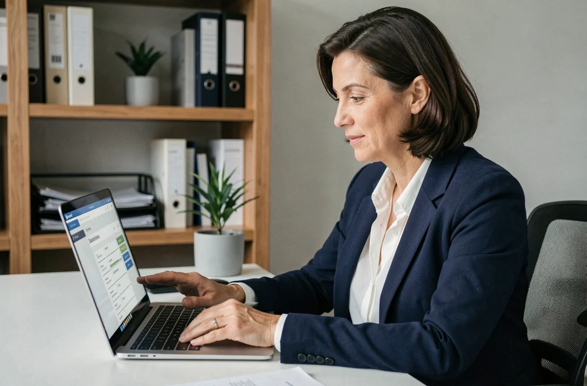 Femme copropriétaire préparant ses questions pour l'assemblée générale sur MyFoncia depuis son bureau à domicile