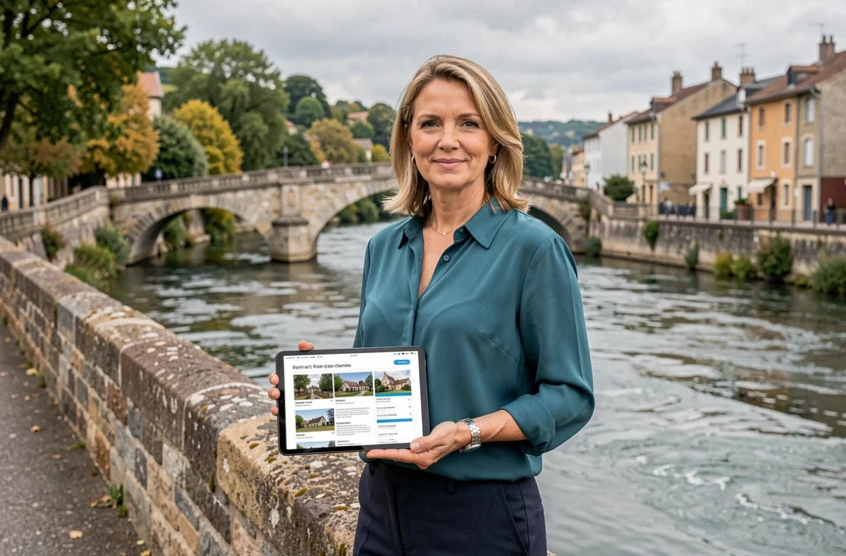 Agente Primum Immobilier 63 sur la promenade de Pont-du-Château avec le pont sur l'Allier en arrière-plan