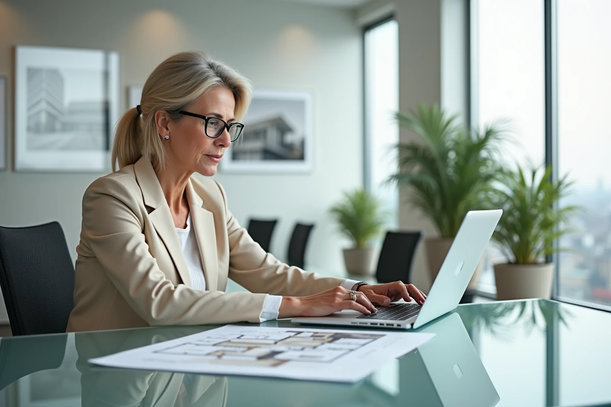 Professionnelle de l'immobilier analysant des plans et des annonces dans une agence immobilière moderne