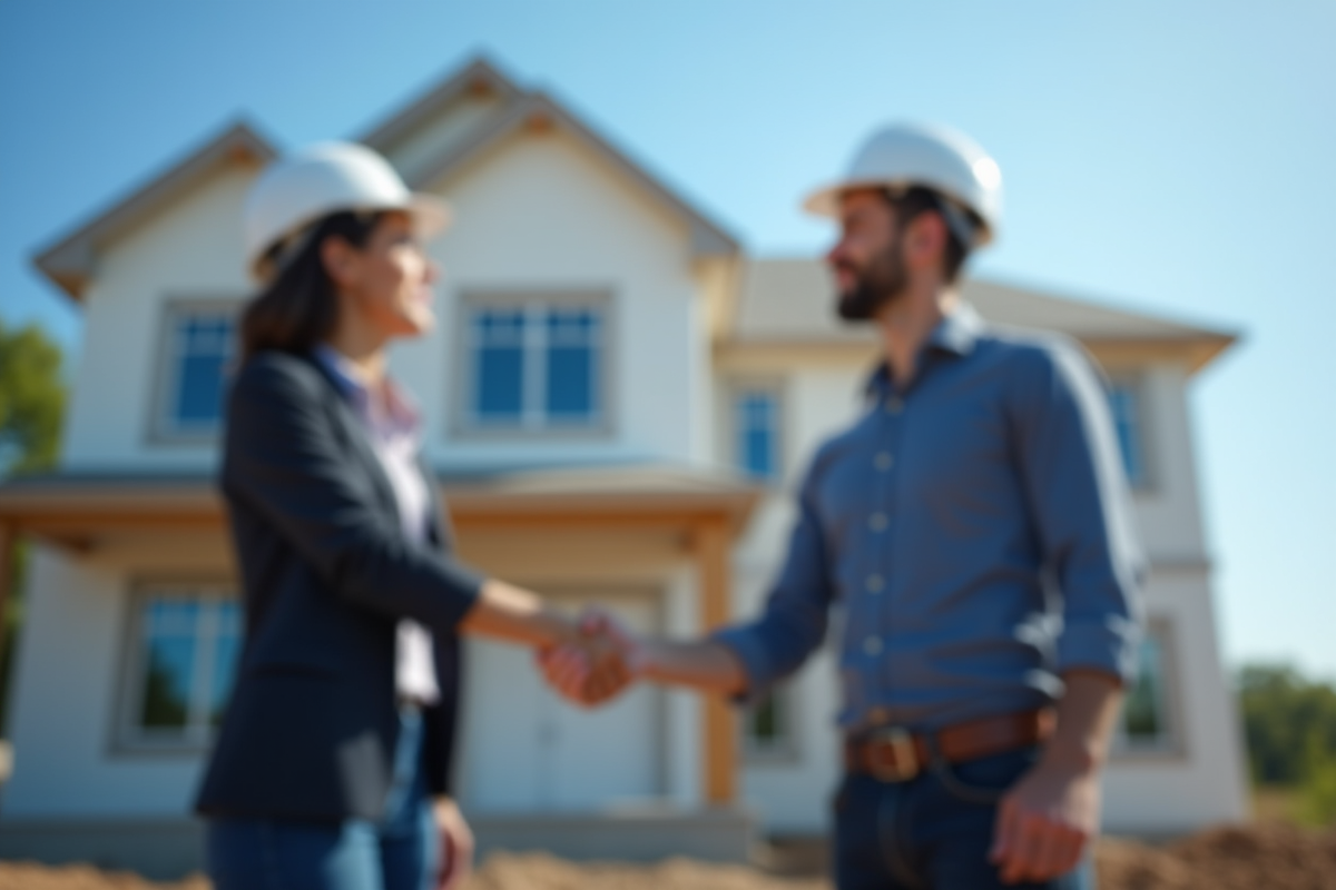Deux professionnels se serrant la main devant une maison en construction