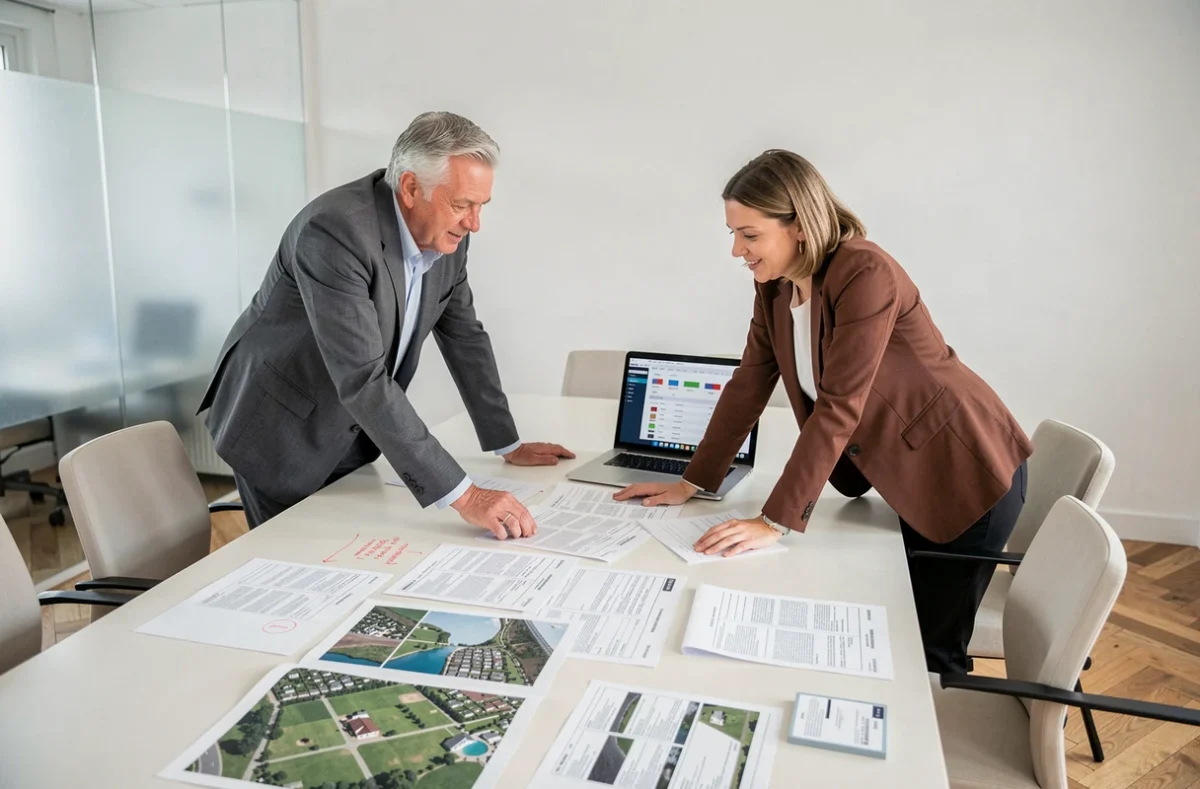 Deux professionnels de l'immobilier collaborant autour de documents fonciers et de tableaux de bord numériques lors d'une réunion stratégique