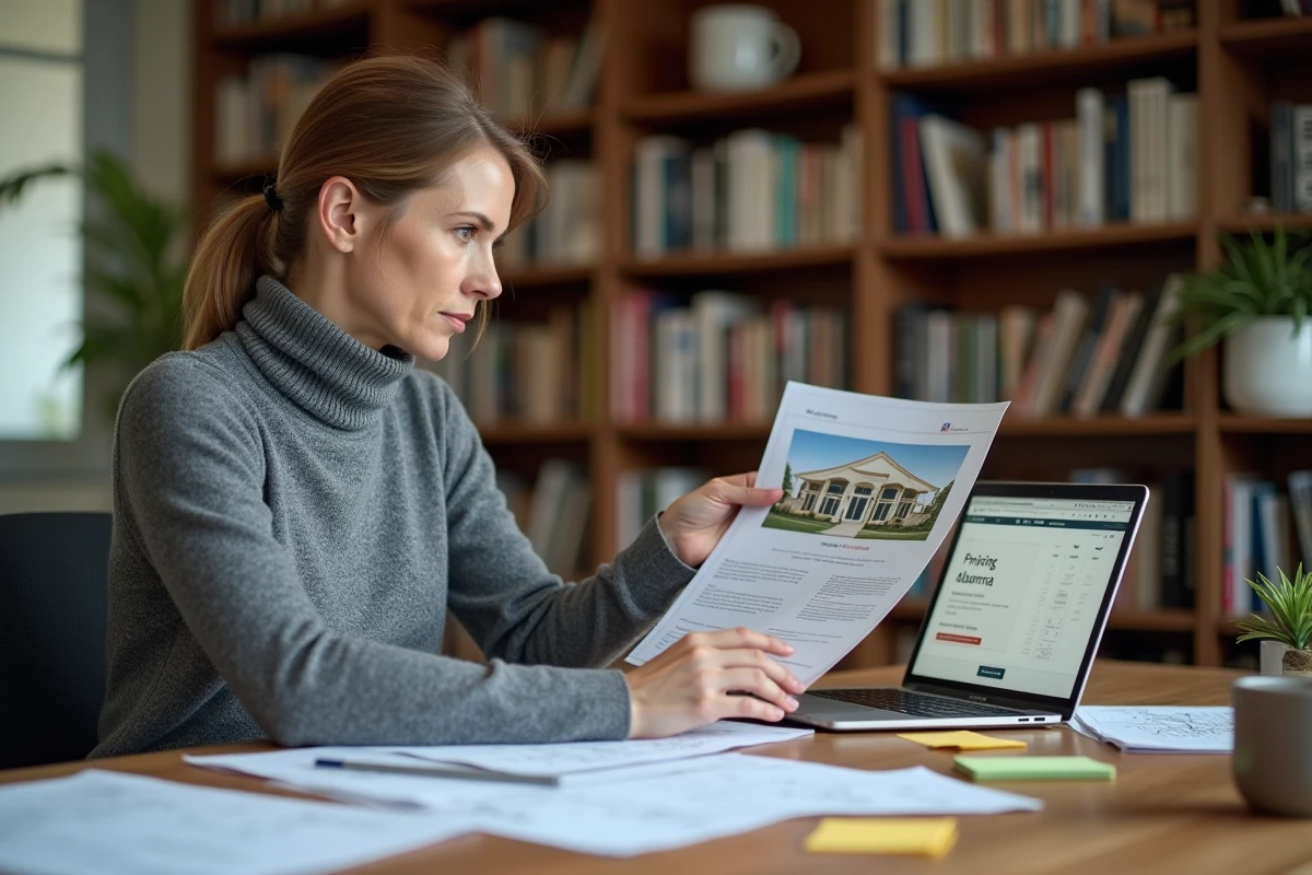 Propriétaire immobilière analysant le prix et le retour sur investissement d'une visite virtuelle sur ordinateur portable