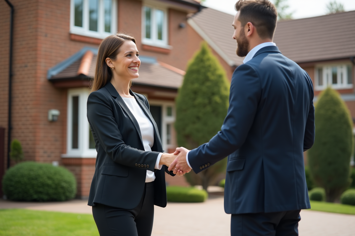Propriétaire serrant la main d’un entrepreneur devant une maison