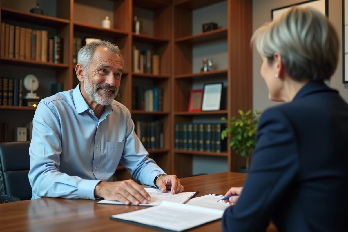 Propriétaire et locataire examinant un contrat de bail dans un bureau immobilier