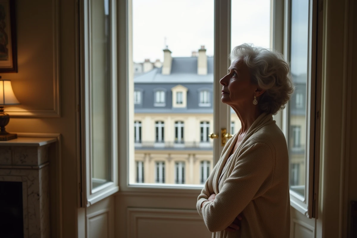 Femme âgée propriétaire d'un appartement haussmannien en Île-de-France envisageant la vente en viager libre