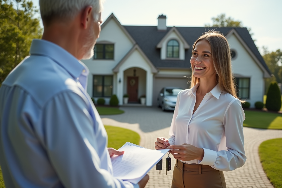 Agent immobilier remettant les clés à un acheteur heureux