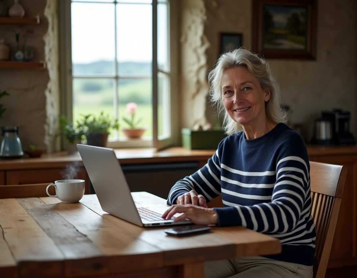 Femme recherchant une maison normande en bord de mer sur ordinateur portable depuis l'intérieur d'une ferme normande