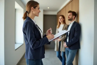Agent immobilier remettant les clés d'un appartement neuf à un jeune couple lors d'une livraison immobilière