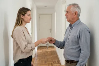 Jeune femme remettant les clés de son appartement en colocation à son propriétaire dans un couloir vide