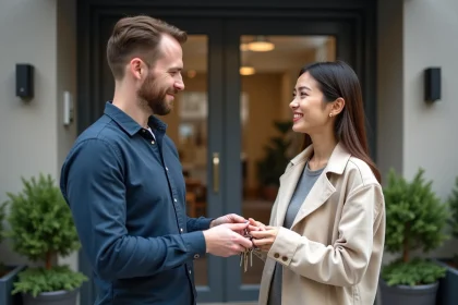 Remise de clés entre particuliers devant un immeuble moderne pour une location LOC SERVICE