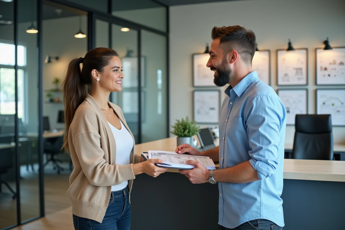 Femme remettant un dossier de location complet à un agent immobilier pour une maison avec jardin dans le 65