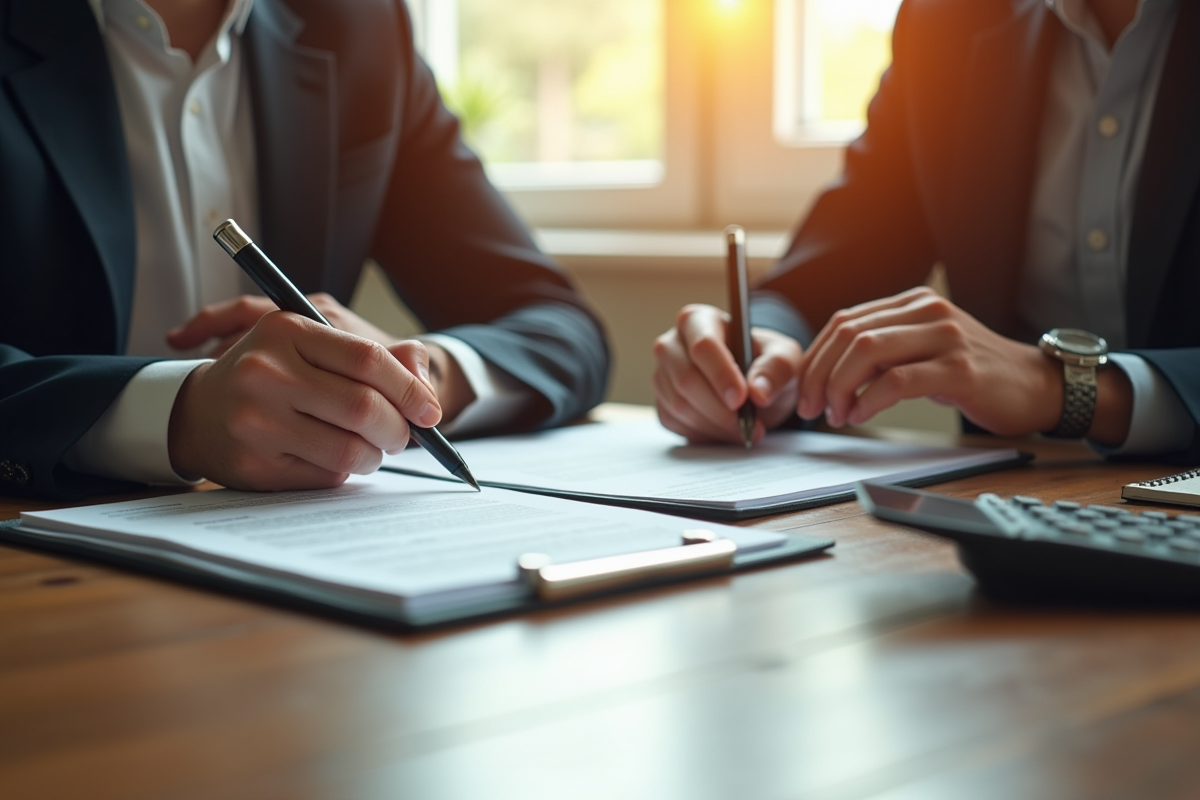 Deux personnes examinant des documents immobiliers dans une ambiance calme