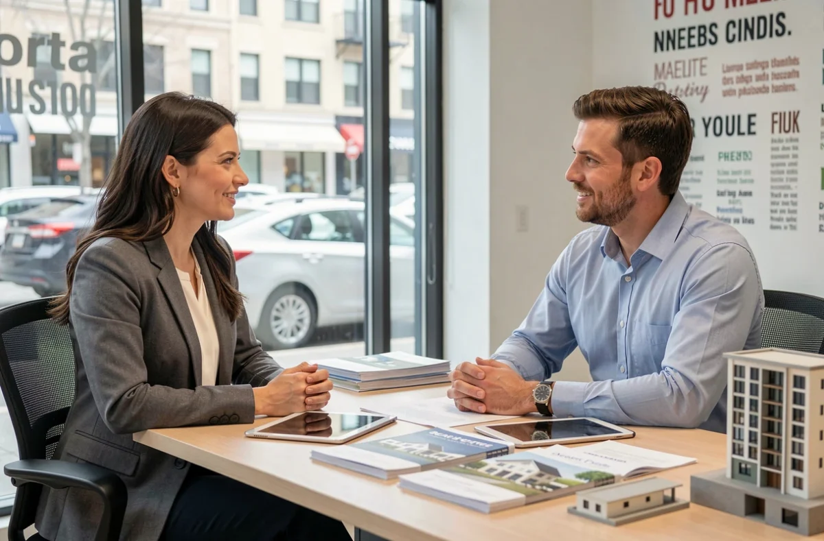 Cliente discutant avec un agent immobilier pour l'achat d'un appartement avec un budget limité