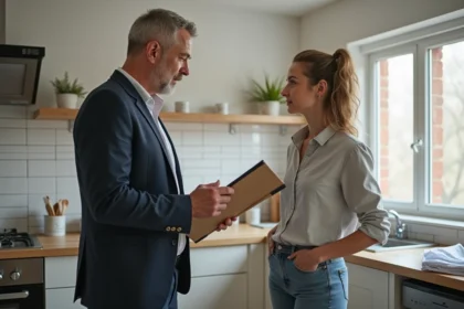 Homme d affaires et jeune femme discutent rénovation appartement
