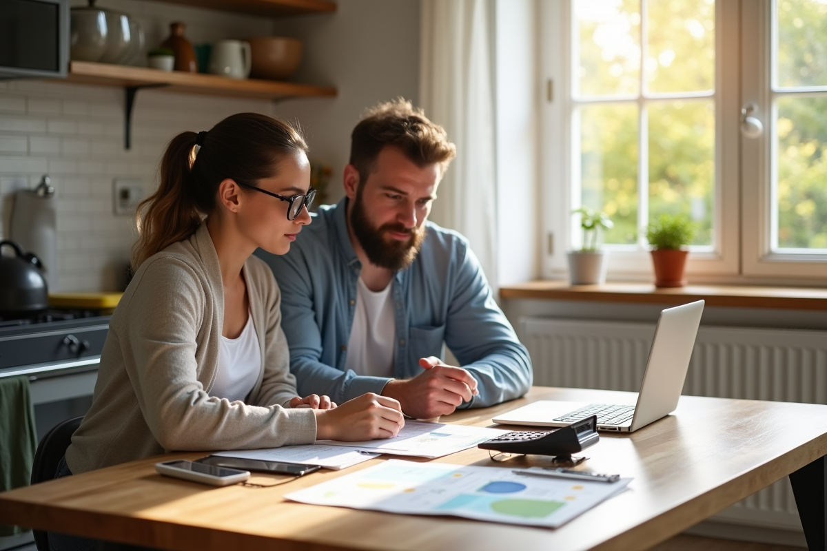 Couple discutant finances rénovation maison à la cuisine