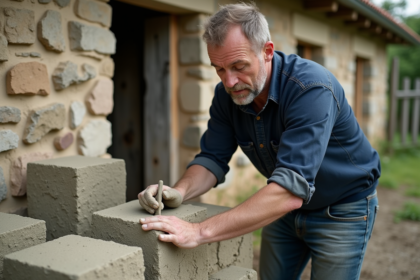 Homme moyenâgeux appliquant du mortier sur une vieille muraille en pierre