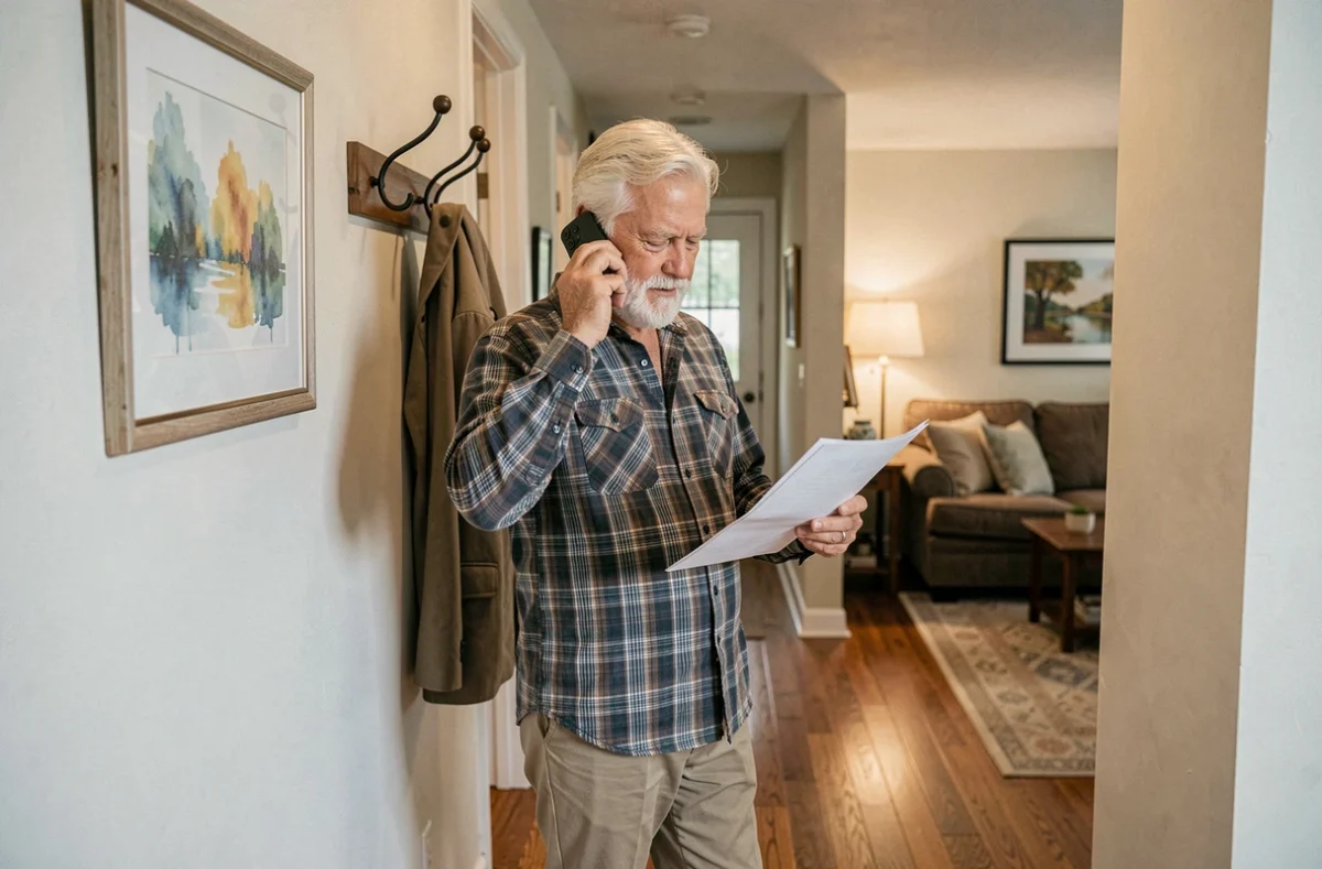 Retraité consultant un document sur les aides au logement tout en téléphonant dans son couloir