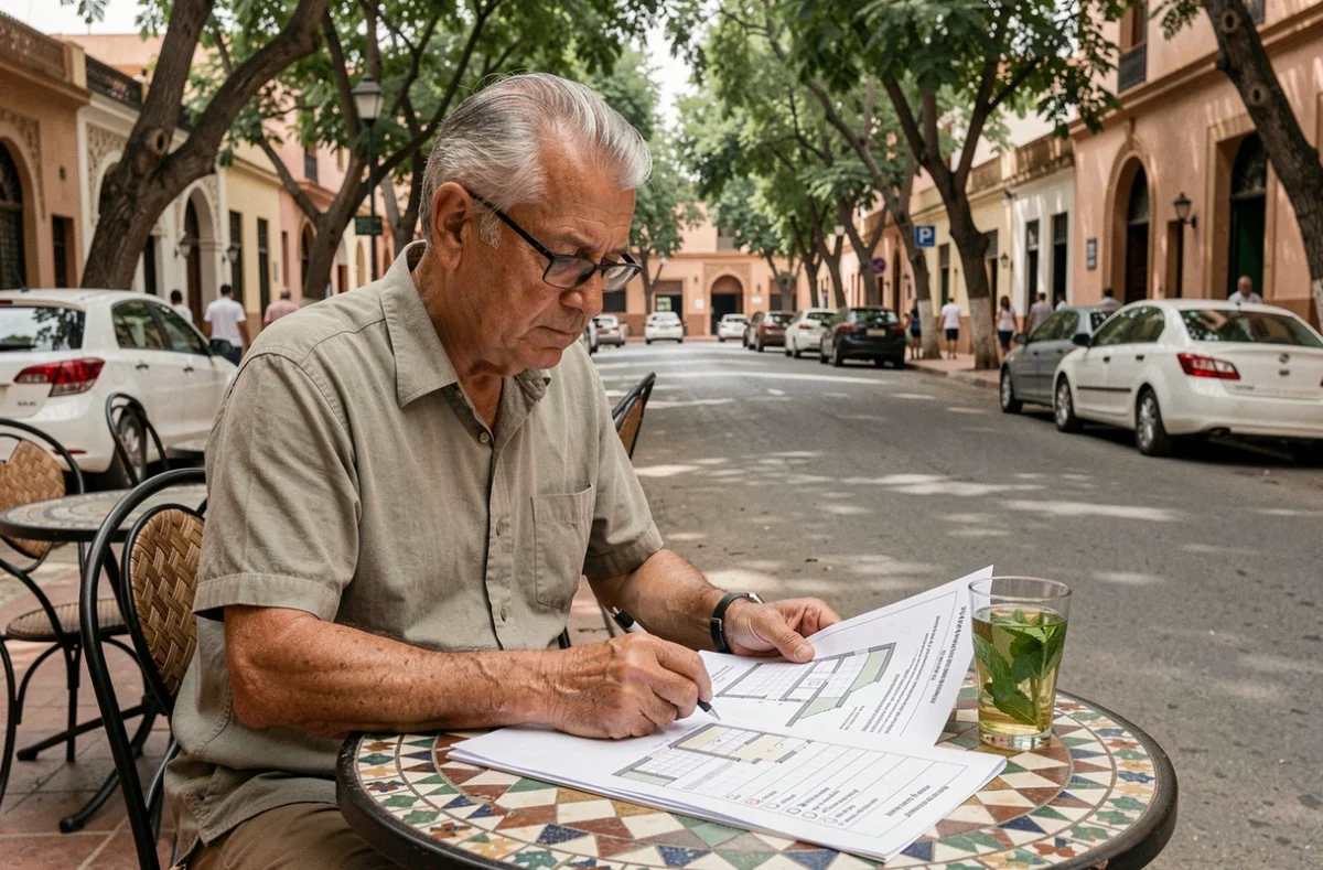 Retraité étudiant un plan d'appartement et une checklist juridique en terrasse de café à Guéliz, Marrakech