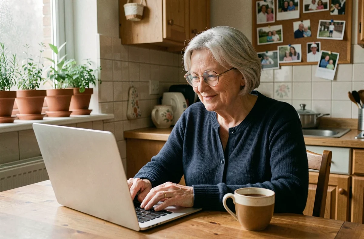 Retraitée souriante consultant le site Aidologement.com sur son ordinateur portable dans sa cuisine