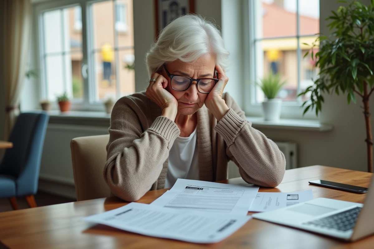 Femme âgée examine factures dans maison calme