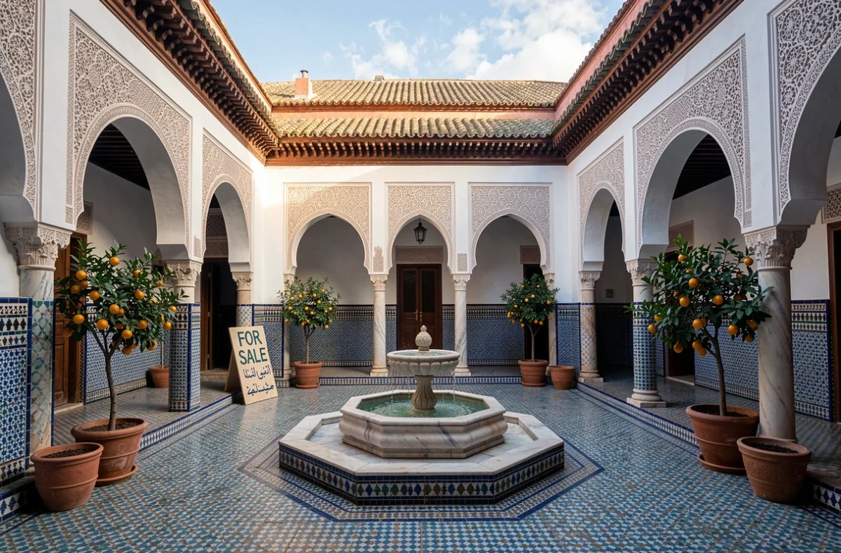 Patio intérieur d'un riad de Marrakech en vente avec fontaine en marbre et décoration en zellige traditionnel