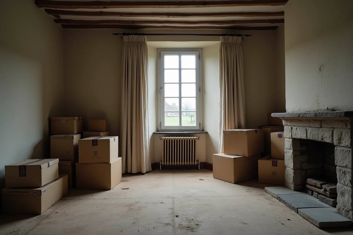 Salon vide avec cartons de déménagement dans une maison à vendre en urgence dans la Manche