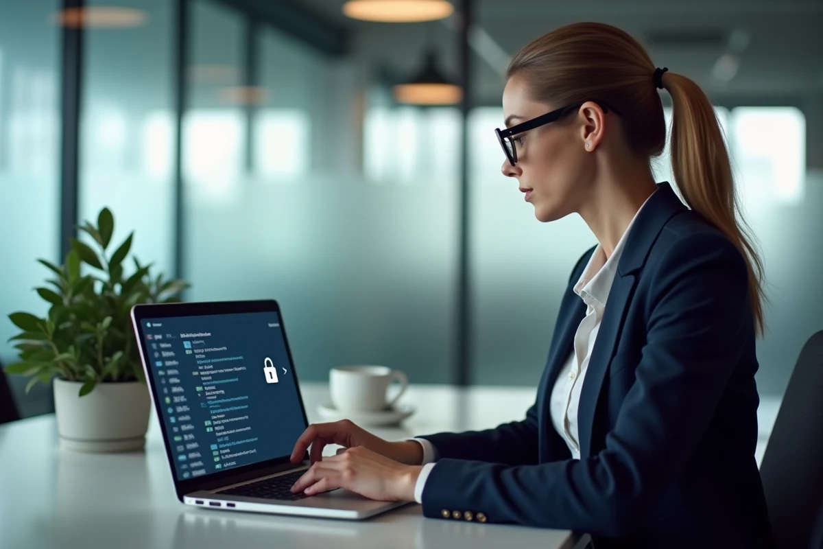 Professionnelle en blazer marine consultant une base de données clients sécurisée sur un ordinateur portable dans un bureau moderne