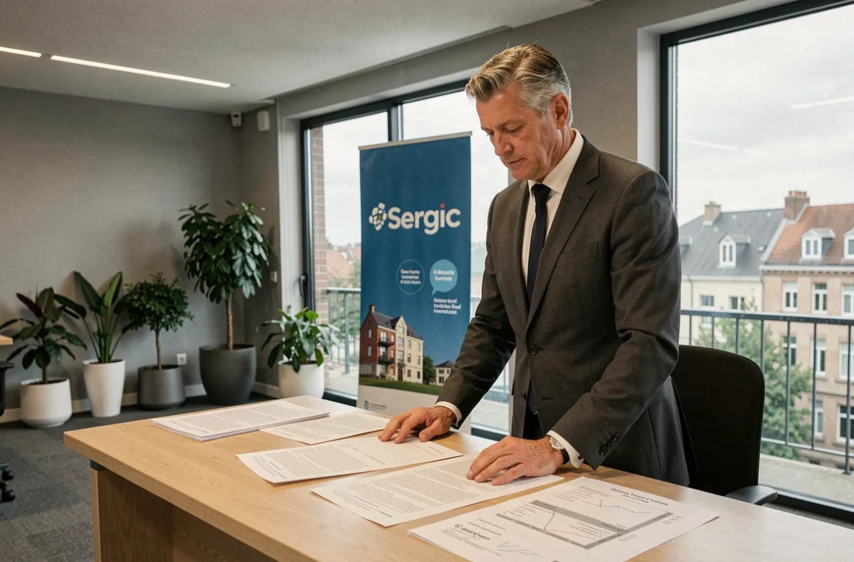 Consultant de Sergic Rennes debout à son bureau consultant des rapports de gestion de copropriété dans leurs locaux modernes