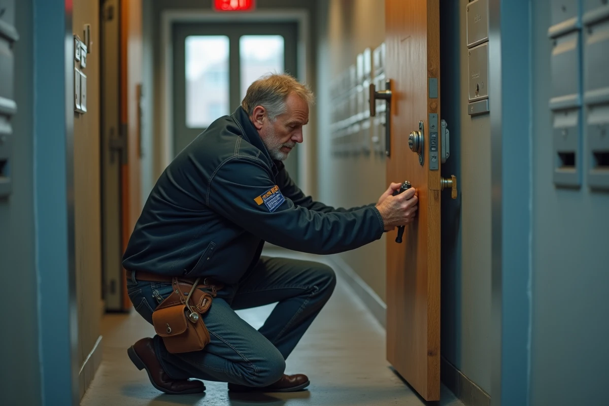 Serrurier professionnel installant une nouvelle serrure sur la porte d'entrée d'un appartement en location