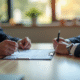 Agent immobilier et client signant un contrat dans un bureau lumineux