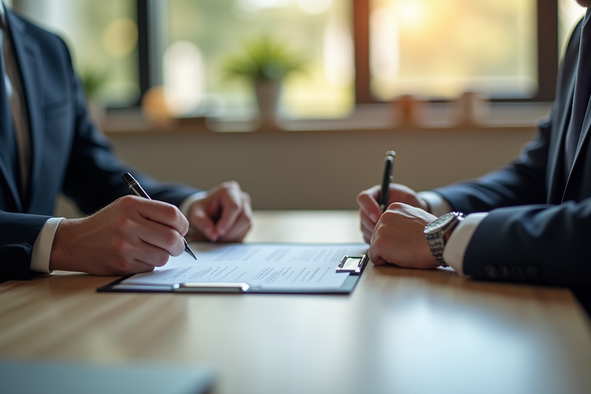Agent immobilier et client signant un contrat dans un bureau lumineux
