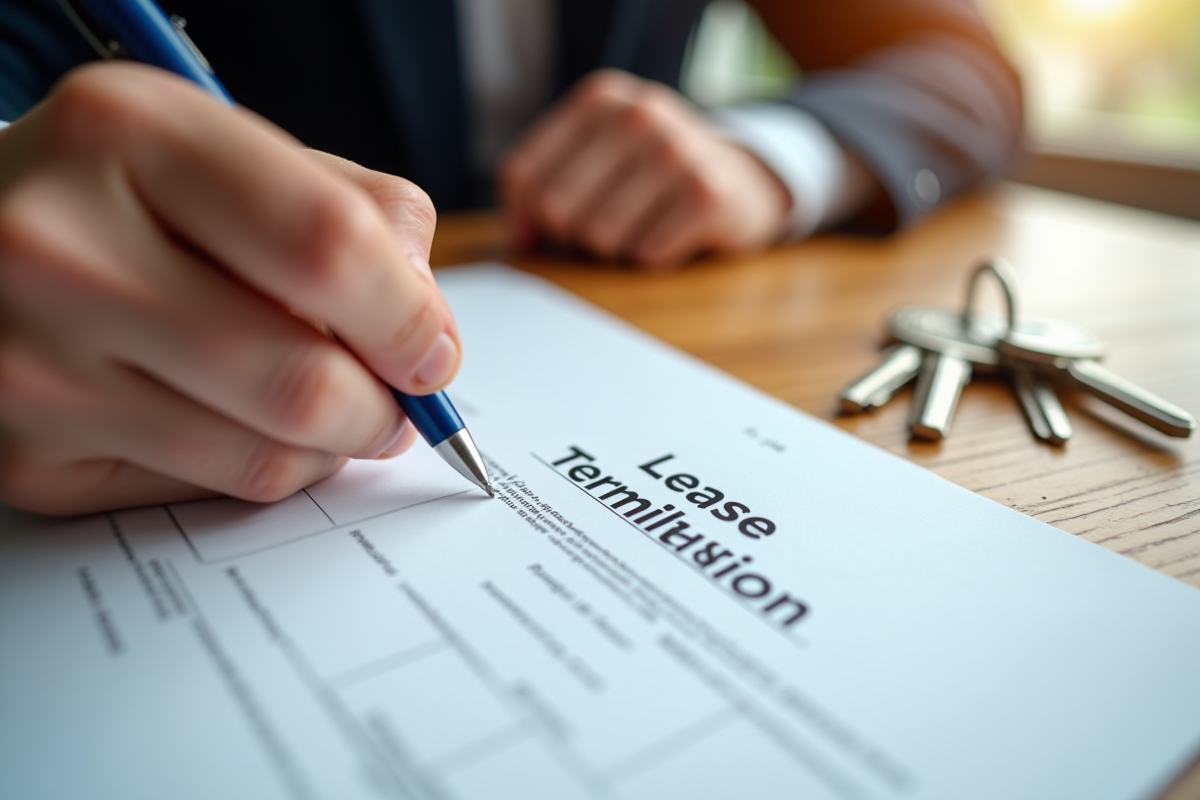 Main signant un contrat de résiliation de bail sur un bureau en lumière naturelle