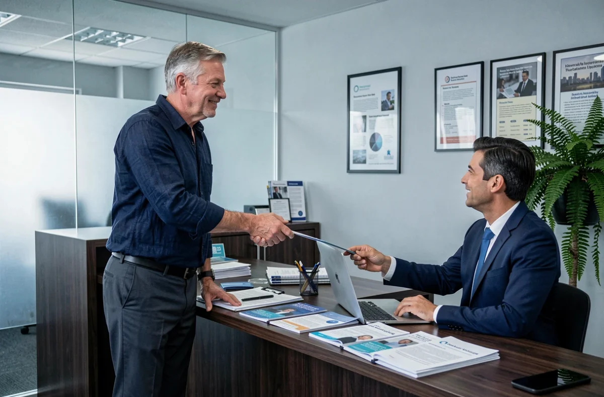 Client signant un contrat d'assurance habitation mutualiste dans une agence avec un conseiller