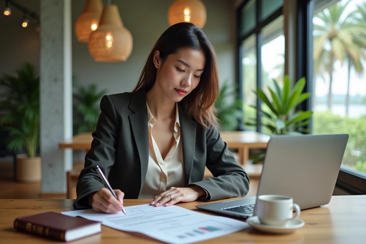 Femme d'affaires consultant des documents de création de société thaïlandaise pour un achat immobilier dans un espace de coworking à Phuket