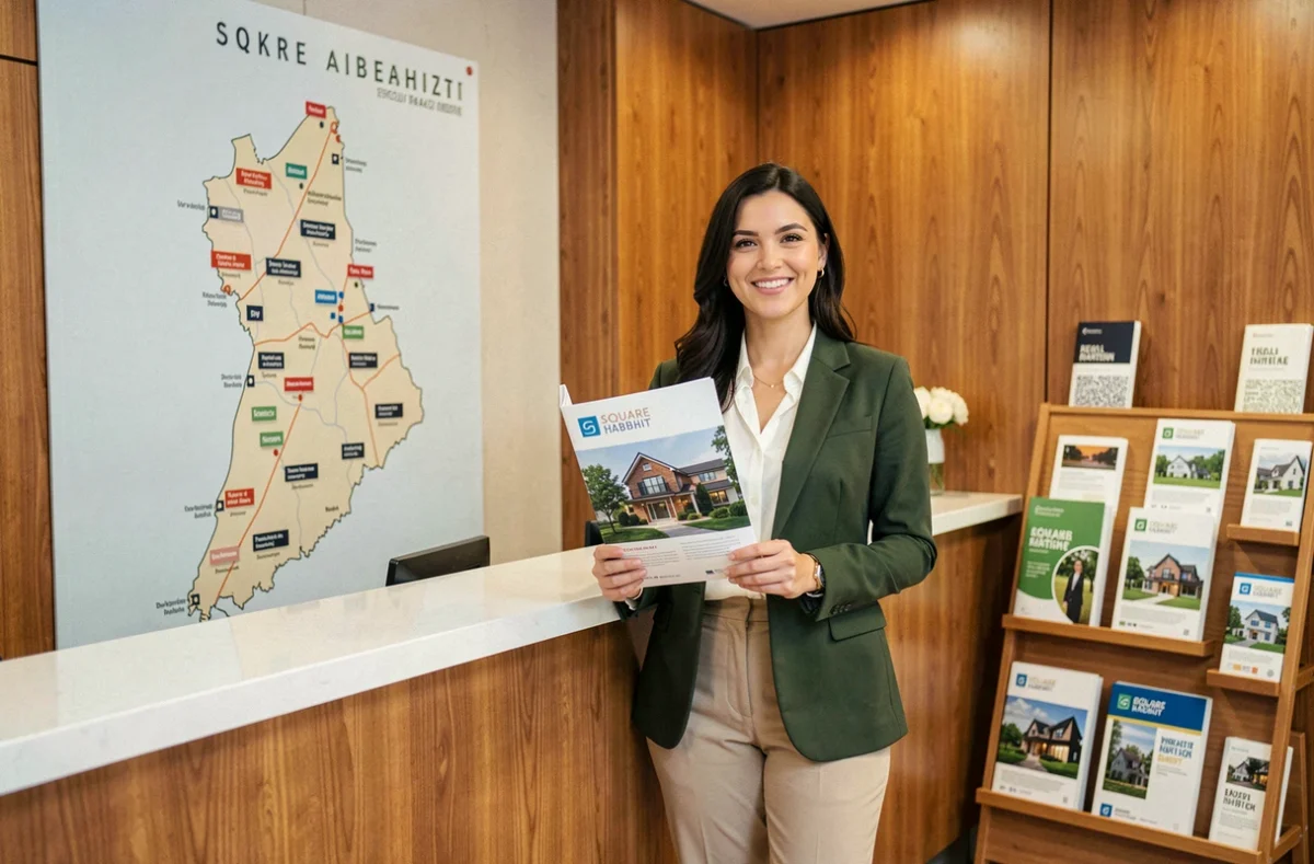 Conseillère de Square Habitat Bretagne tenant une brochure de gestion immobilière devant une carte de la Bretagne dans l'agence