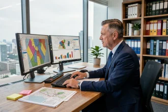 Stratège foncier analysant des données cartographiques et des documents cadastraux sur un bureau professionnel avec double écran