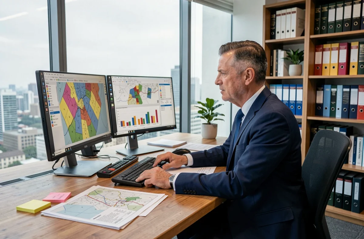Stratège foncier analysant des données cartographiques et des documents cadastraux sur un bureau professionnel avec double écran