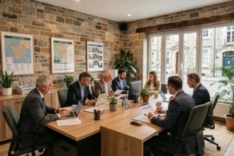 Bureau de syndic de copropriété en Ille-et-Vilaine avec des professionnels de l'immobilier discutant autour de documents dans un espace de travail moderne aux murs en granit breton