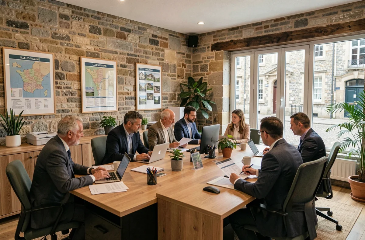 Bureau de syndic de copropriété en Ille-et-Vilaine avec des professionnels de l'immobilier discutant autour de documents dans un espace de travail moderne aux murs en granit breton