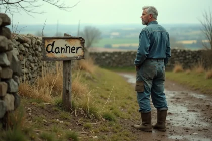 Agriculteur d'âge mûr debout devant un terrain rural abandonné avec un panneau À donner planté dans un sol envahi par les herbes sauvages