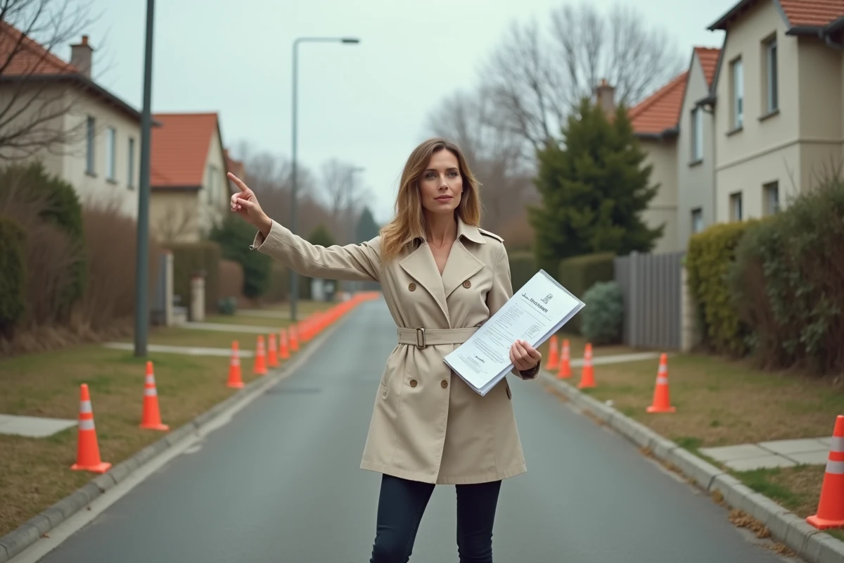 Femme tenant un certificat d'urbanisme devant un terrain à bâtir dans une rue résidentielle française