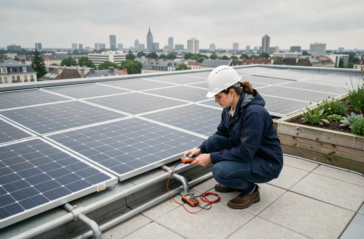 Toiture végétalisée et panneaux photovoltaïques du bâtiment Parallèle Enedis avec ingénieure inspectant les installations solaires