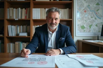 Urbaniste consultant examinant un certificat d'urbanisme opérationnel sur un bureau couvert de plans et documents administratifs