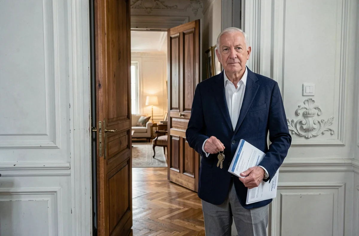 Usufruitier tenant ses clés et son contrat d'assurance dans le couloir d'un appartement haussmannien