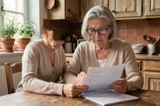 Usufruitière âgée relisant son contrat d'assurance multirisque habitation dans une cuisine française